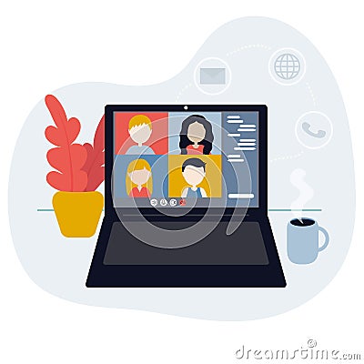 Colleagues talk to each other on the computer screen. Vector Illustration